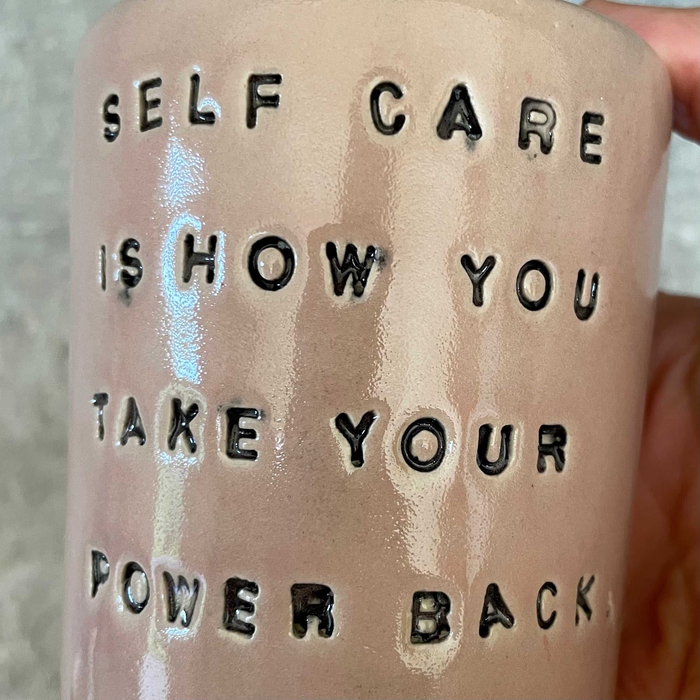 Pink tumbler mug about self care
