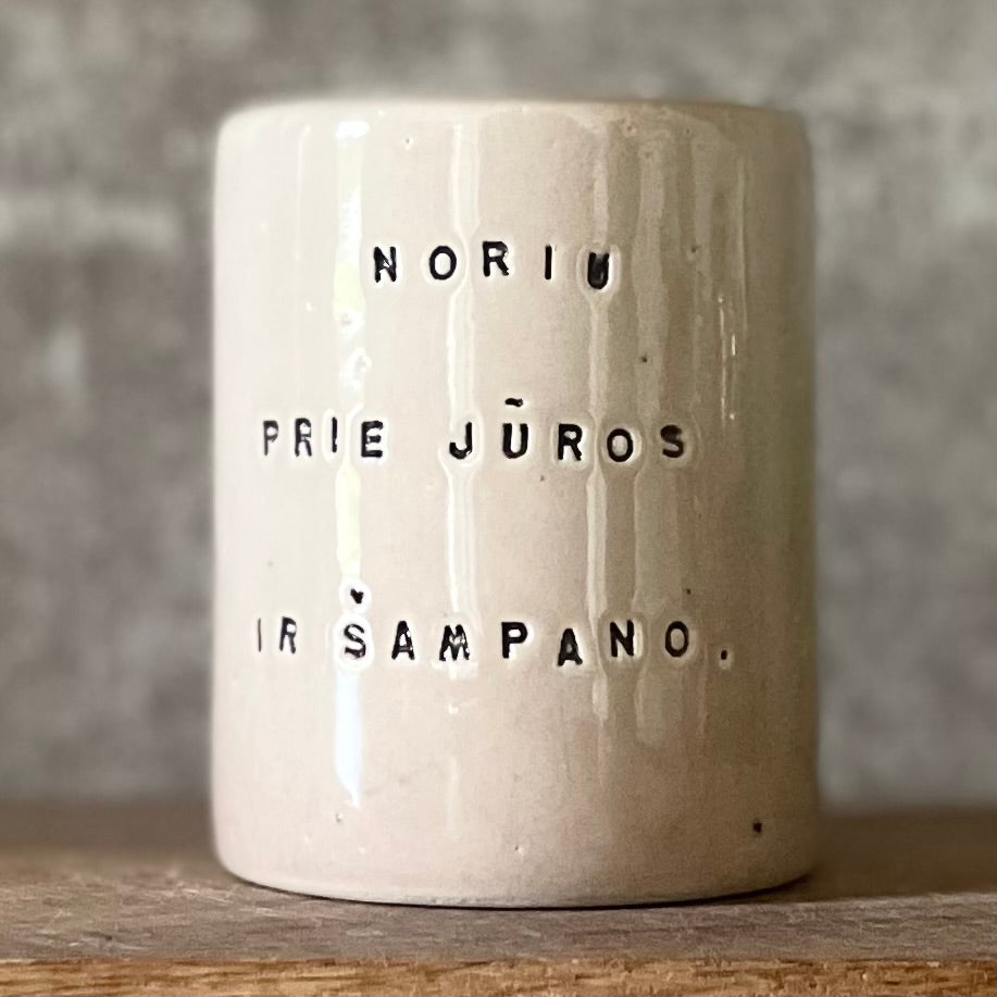 Rožinis puodelis apie jūrą ir šampaną