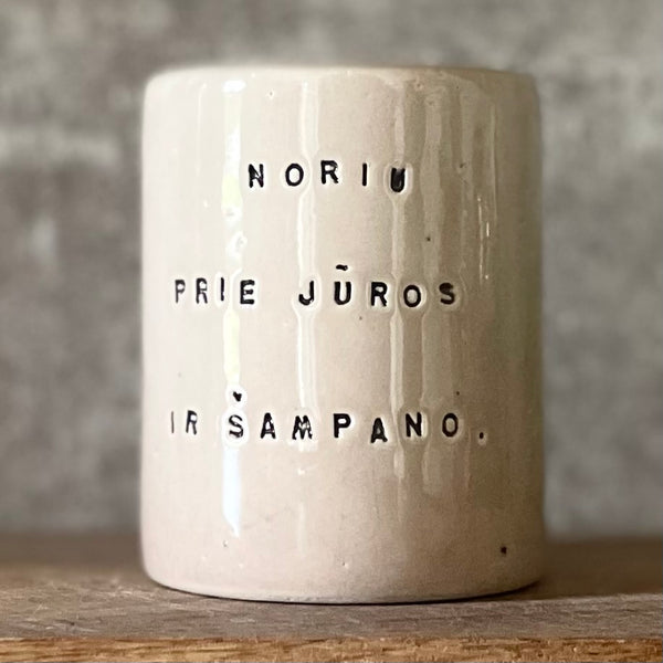 Rožinis puodelis apie jūrą ir šampaną