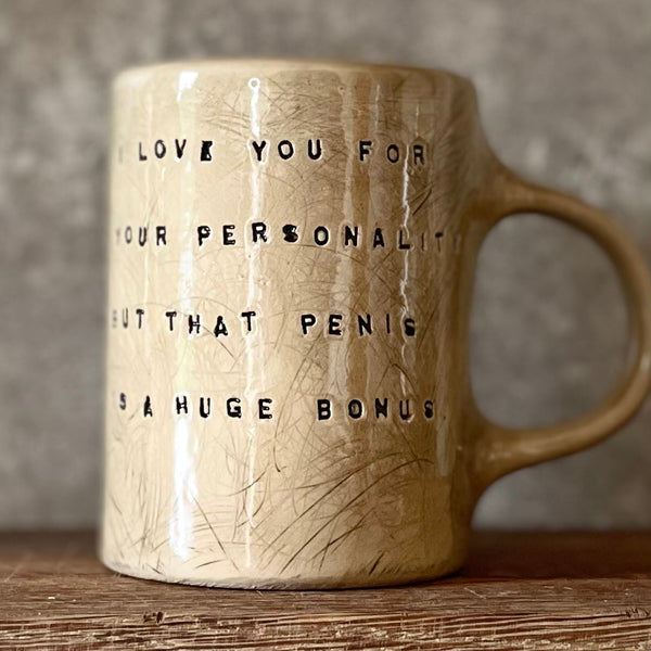 Brownish mug with funny saying