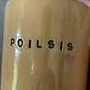 Yellow tumbler mug with word in Lithuanian POILSIS
