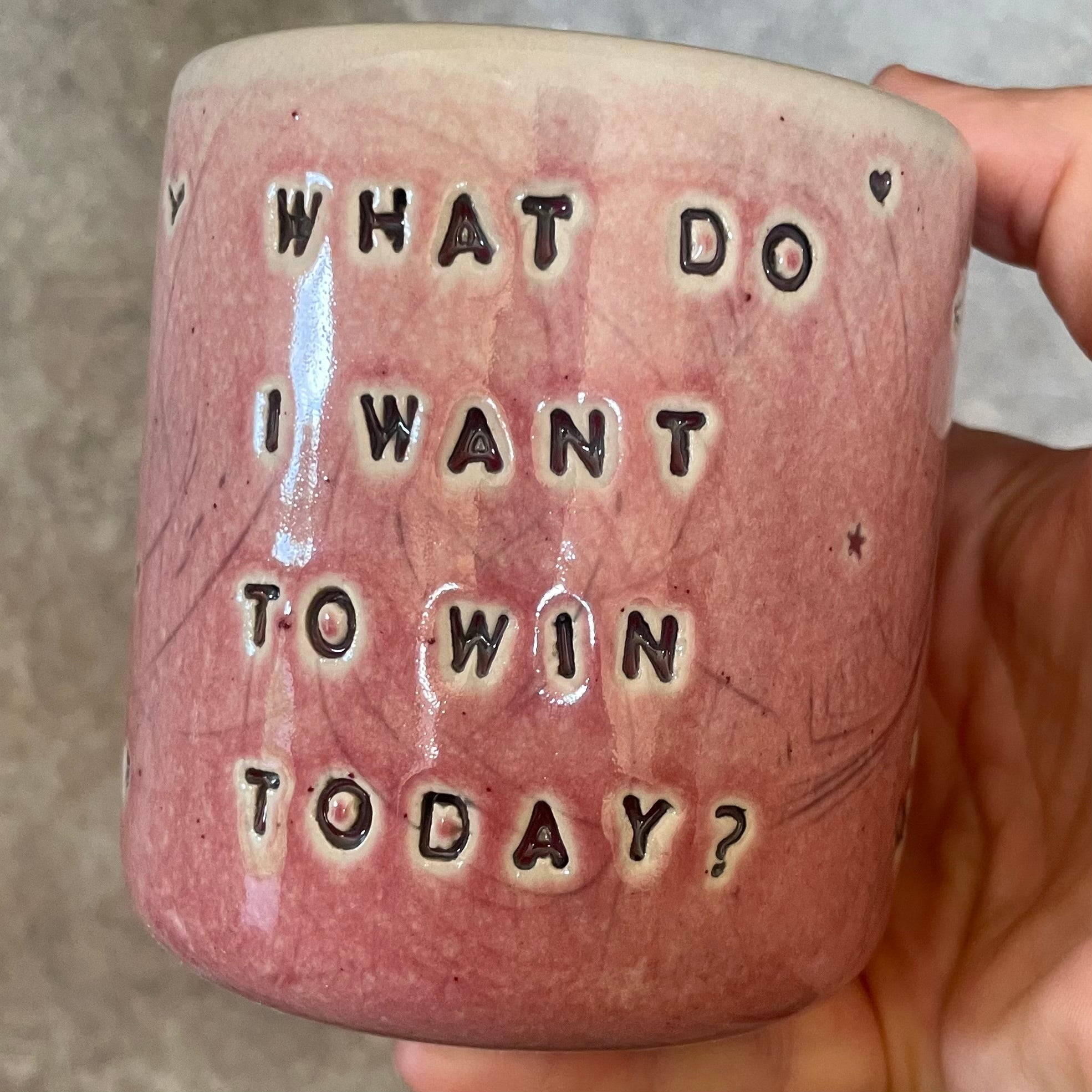 Raspberry pink mug with question