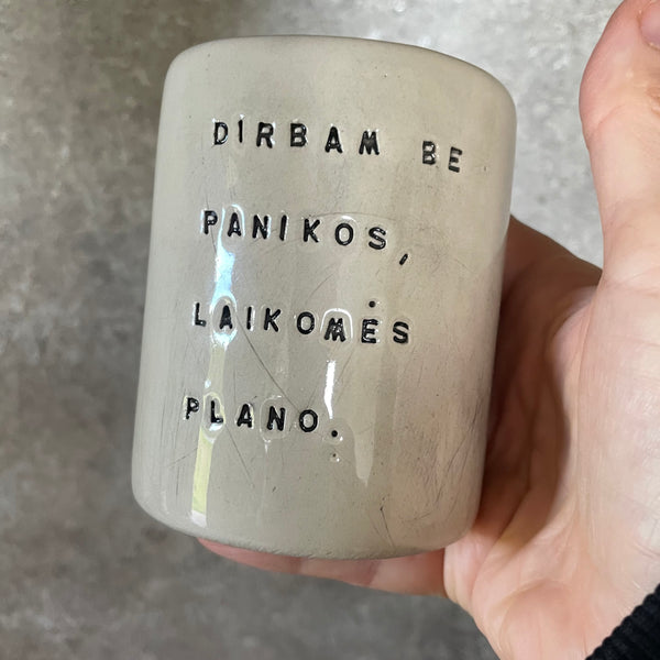 White tumbler mug with saying about work