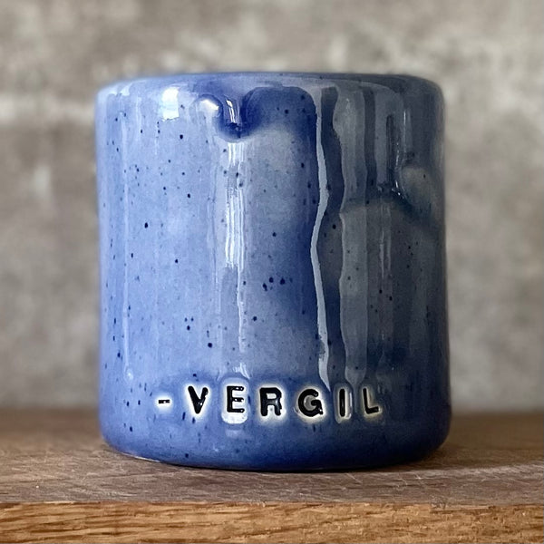 Blue coffee mug with quote by Vergil