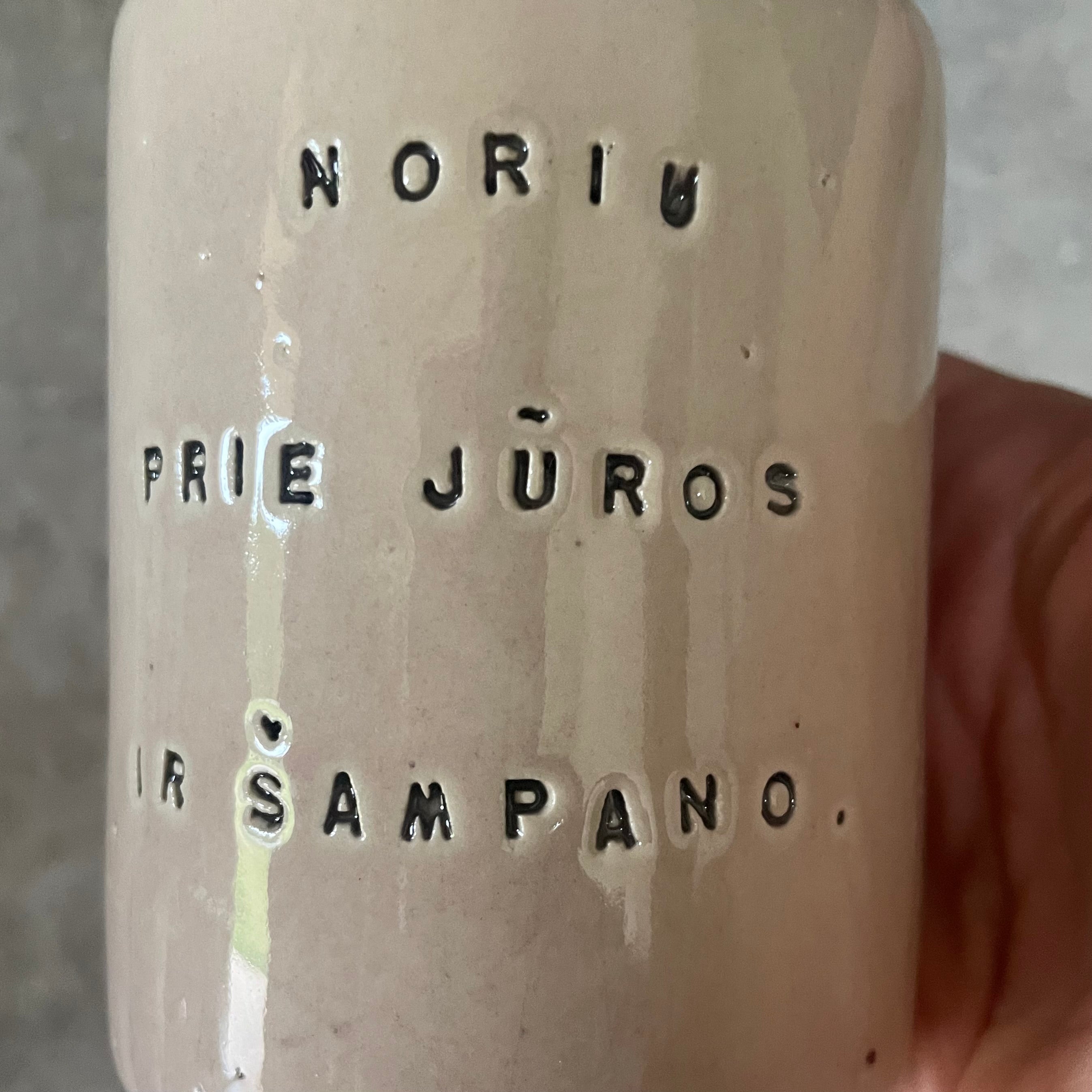 Rožinis puodelis apie jūrą ir šampaną