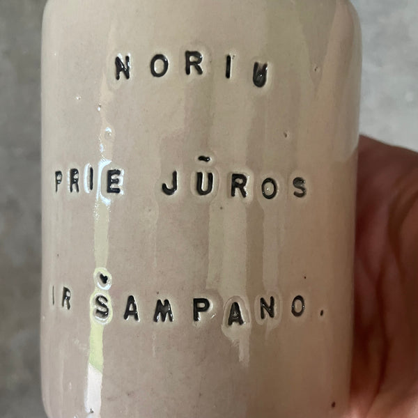 Rožinis puodelis apie jūrą ir šampaną