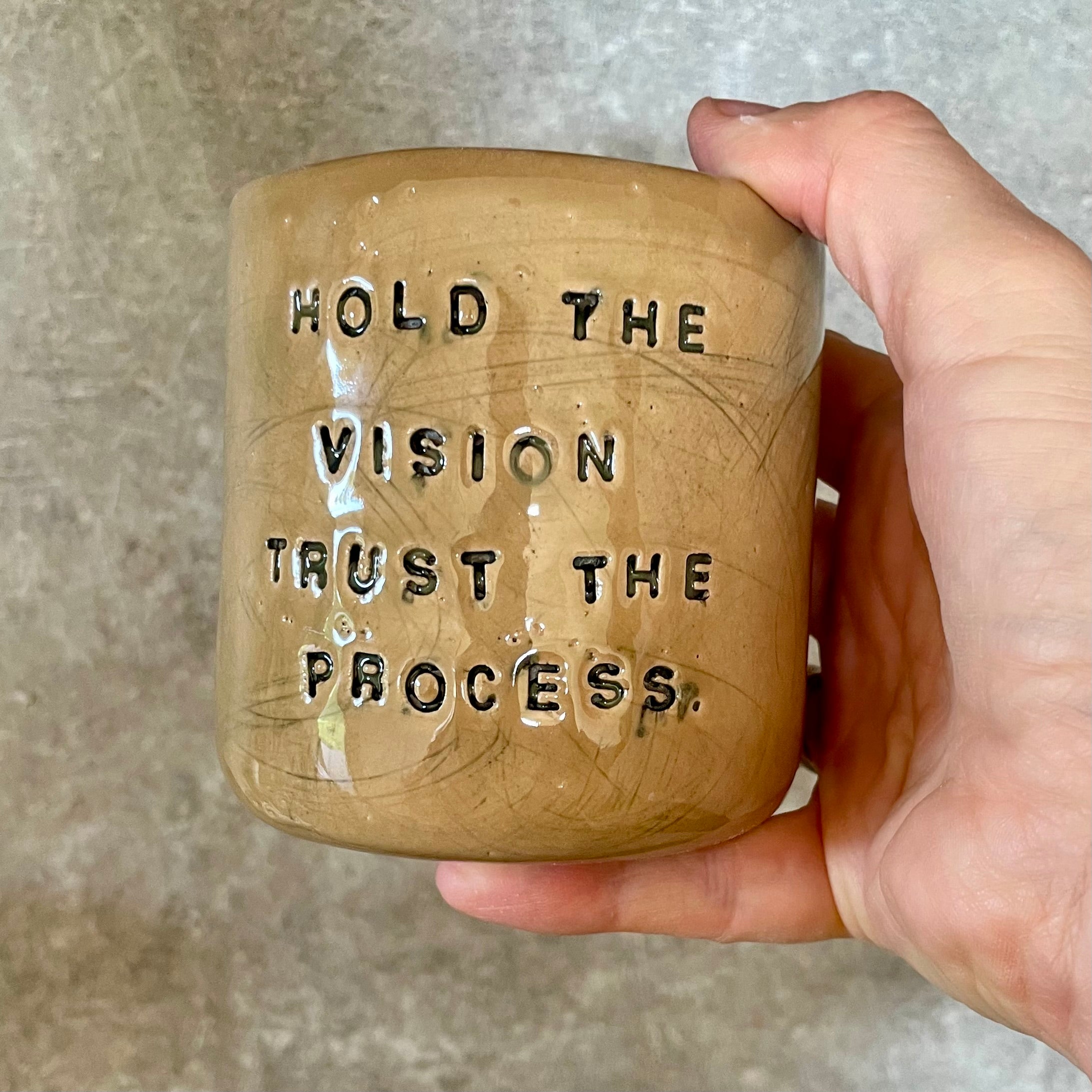 Bright yellow tumbler mug with inspirational words