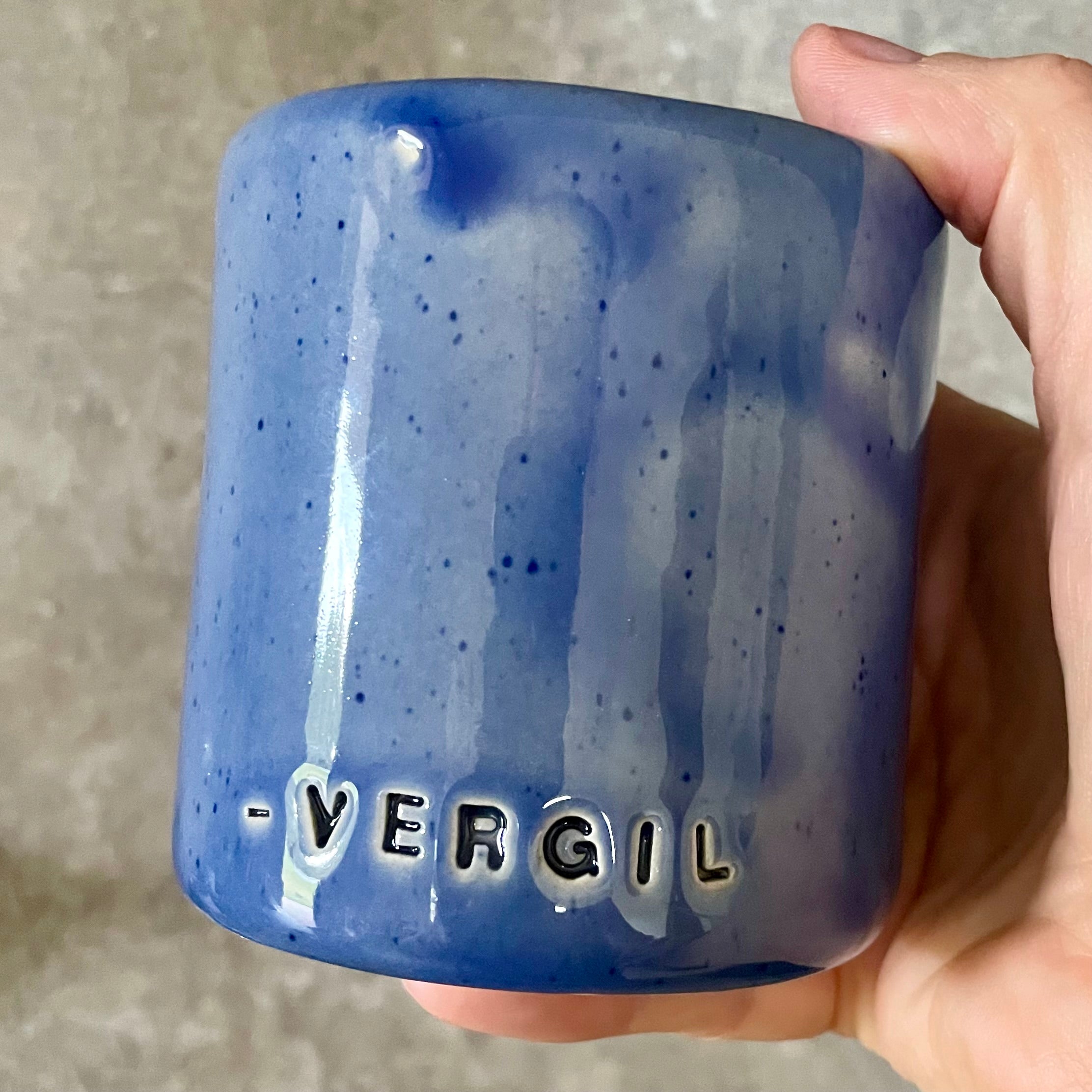 Blue coffee mug with quote by Vergil