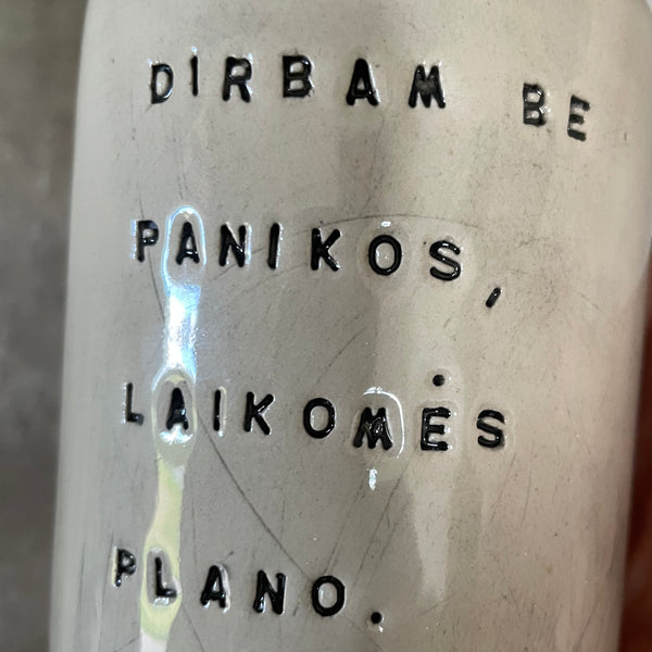 White tumbler mug with saying about work