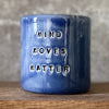 Blue coffee mug with quote by Vergil