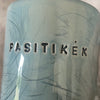 Blue ceramic mug with word PASITIKĖK