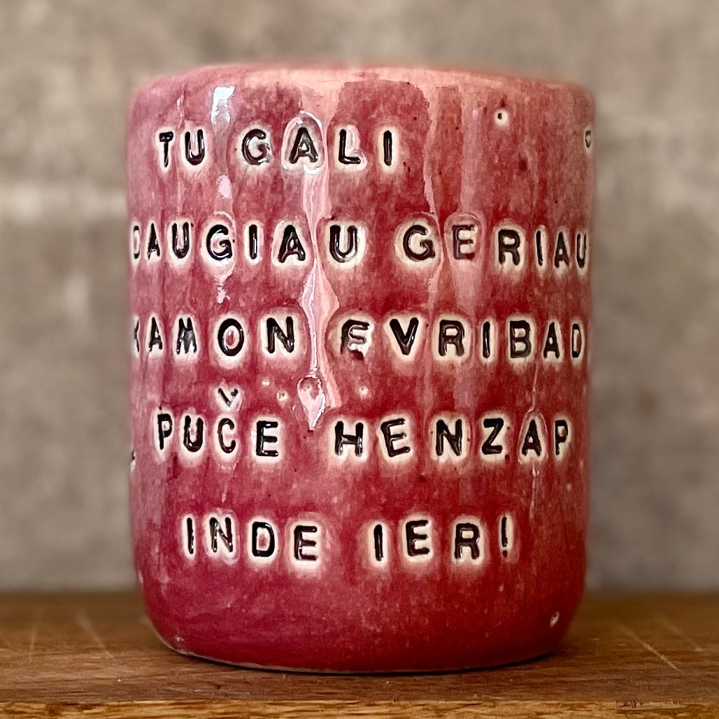 Pink tumbler mug with funny phrase in Lithuanian