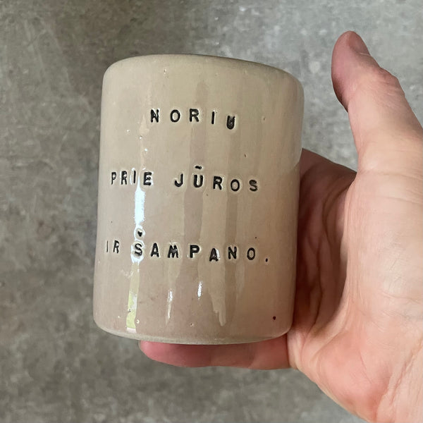 Rožinis puodelis apie jūrą ir šampaną