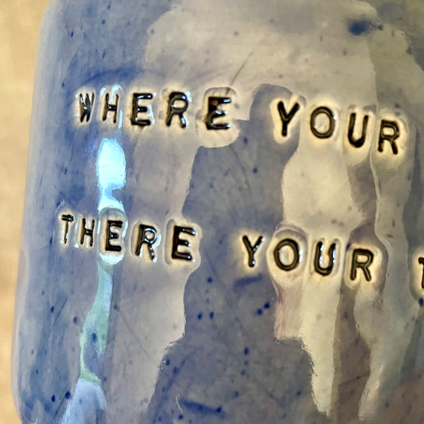 Blue tumbler mug with quote by C. Jung