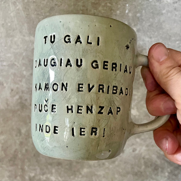 Blue mug with funny saying in mixed Lithuanian