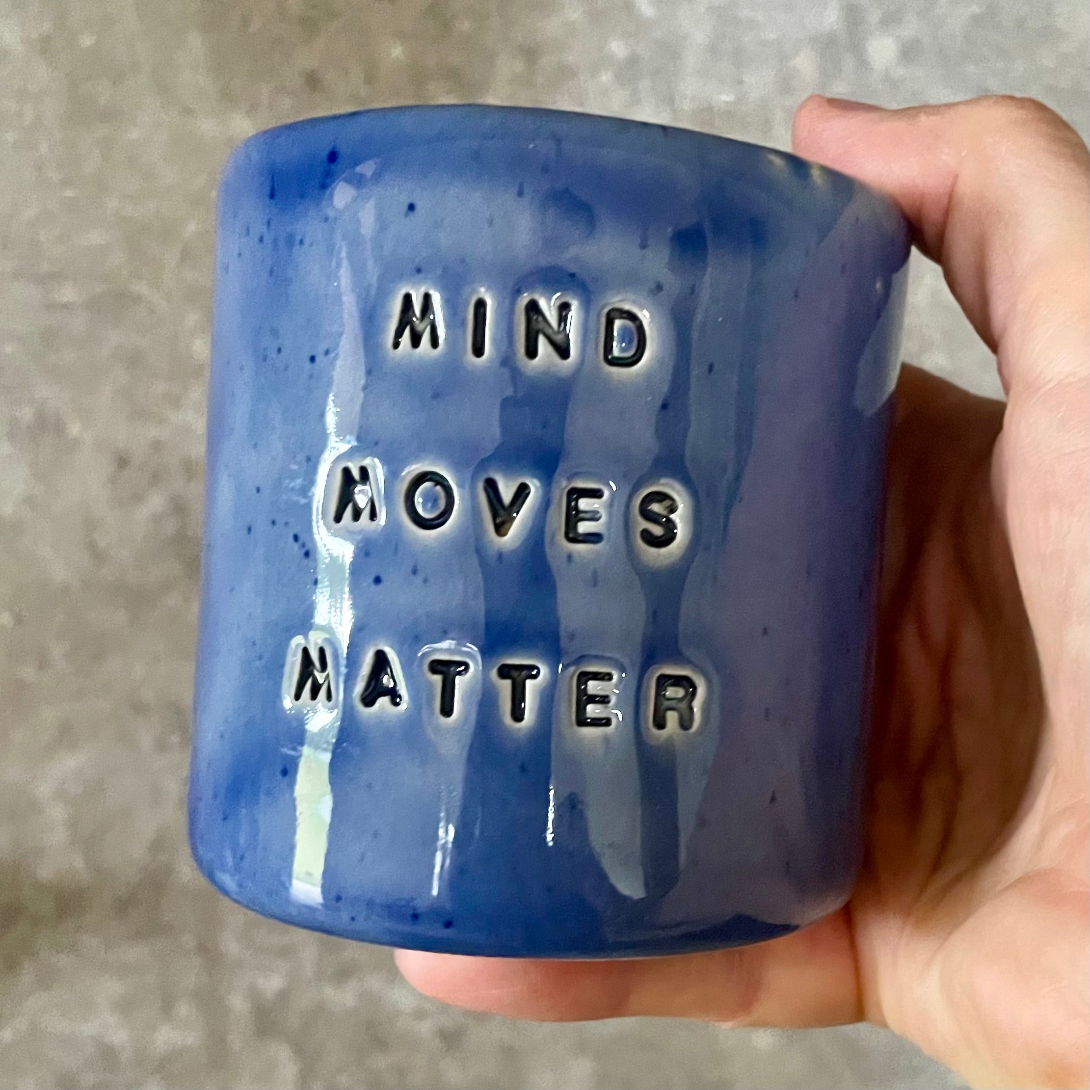 Blue coffee mug with quote by Vergil