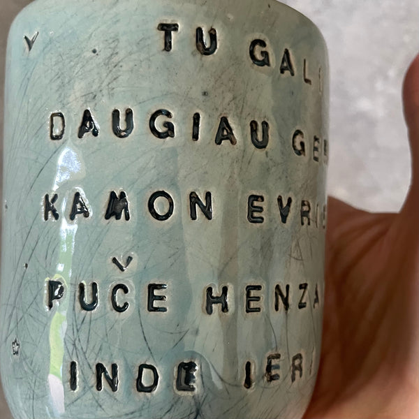 Blue mug with funny phrase in Lithuanian