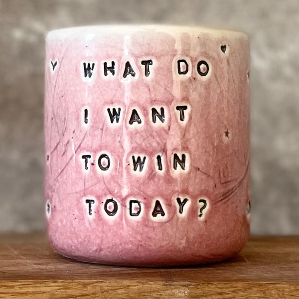 Raspberry pink mug with question