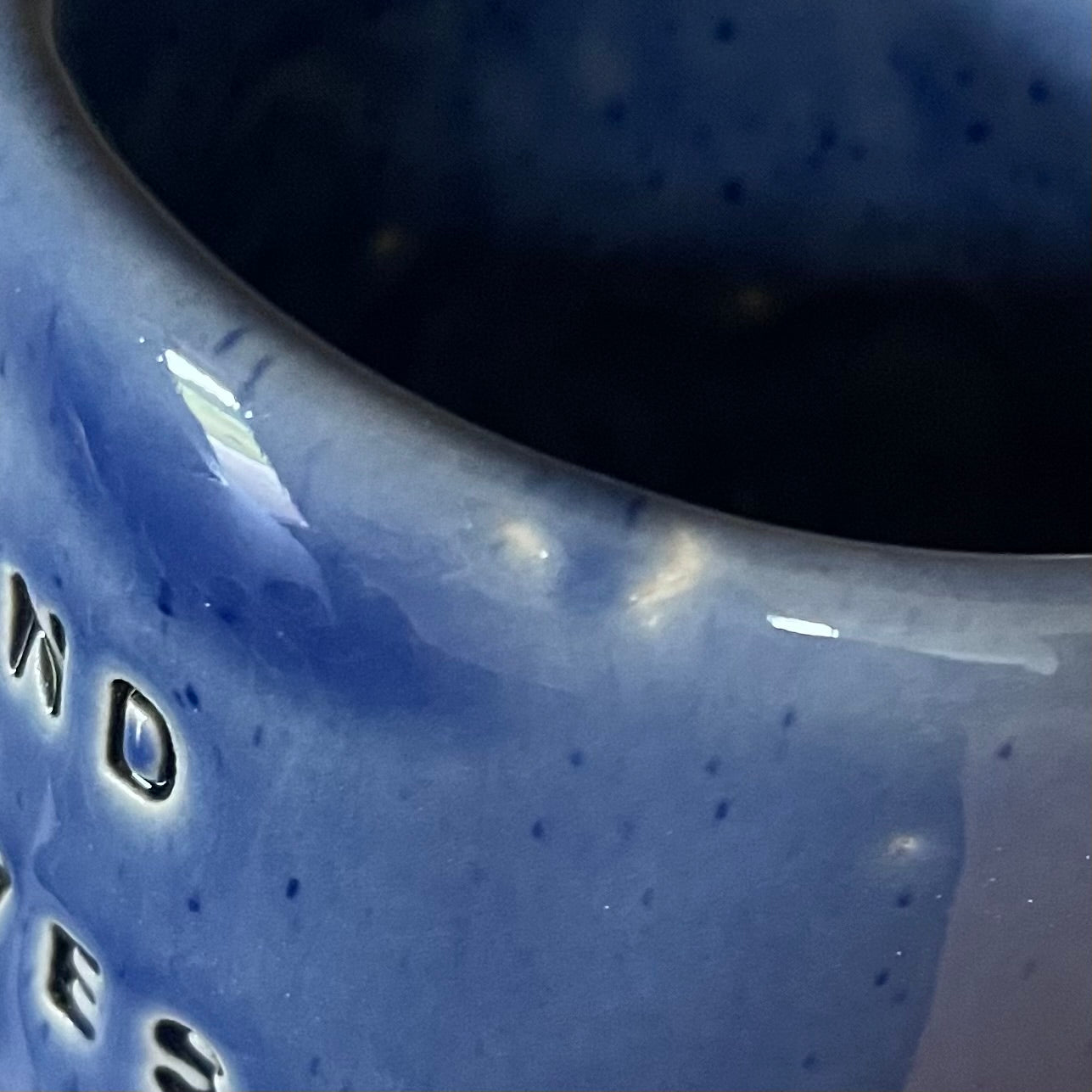 Blue coffee mug with quote by Vergil