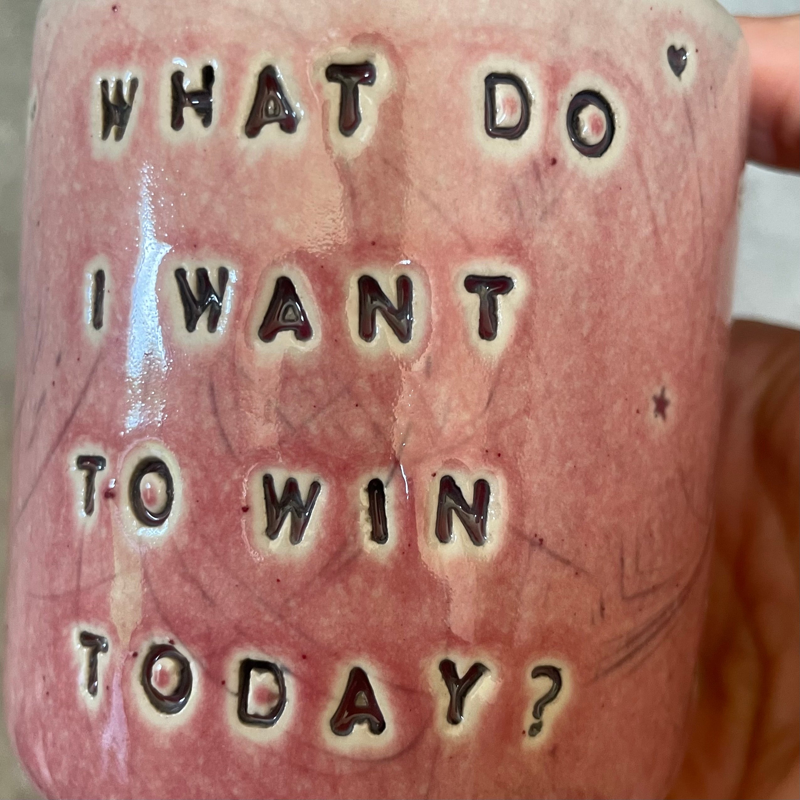 Raspberry pink mug with question