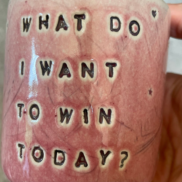 Raspberry pink mug with question