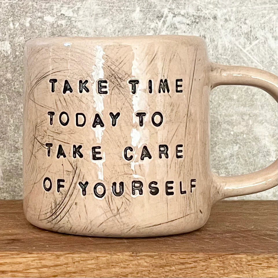 Pink handmade mug about self care