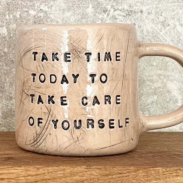 Pink handmade mug about self care