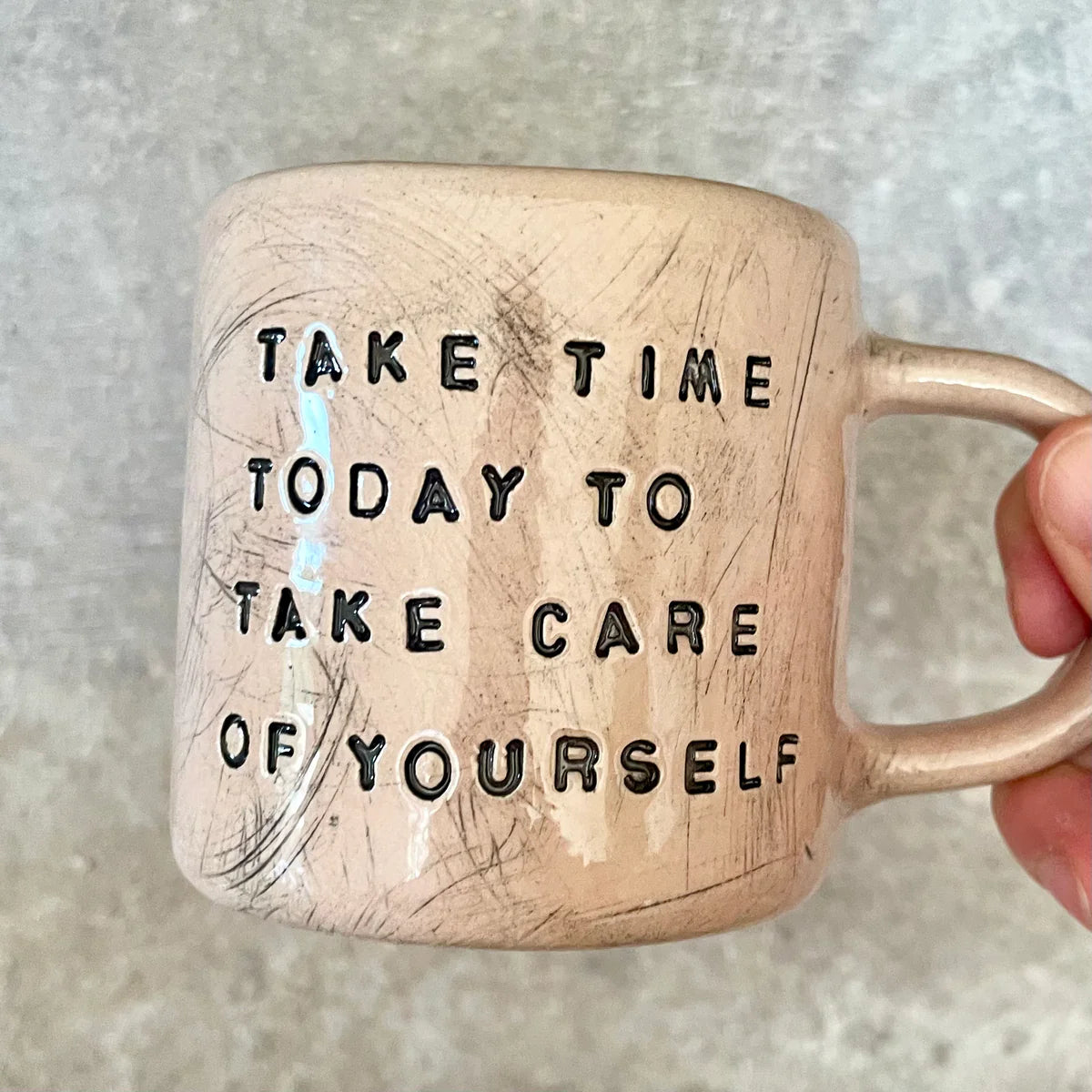 Pink handmade mug about self care