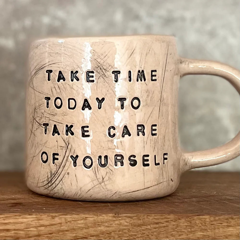 Pink handmade mug about self care