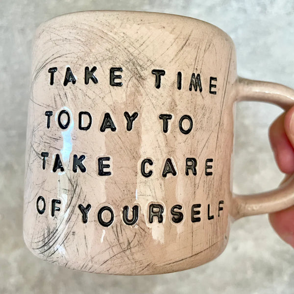 Pink handmade mug about self care