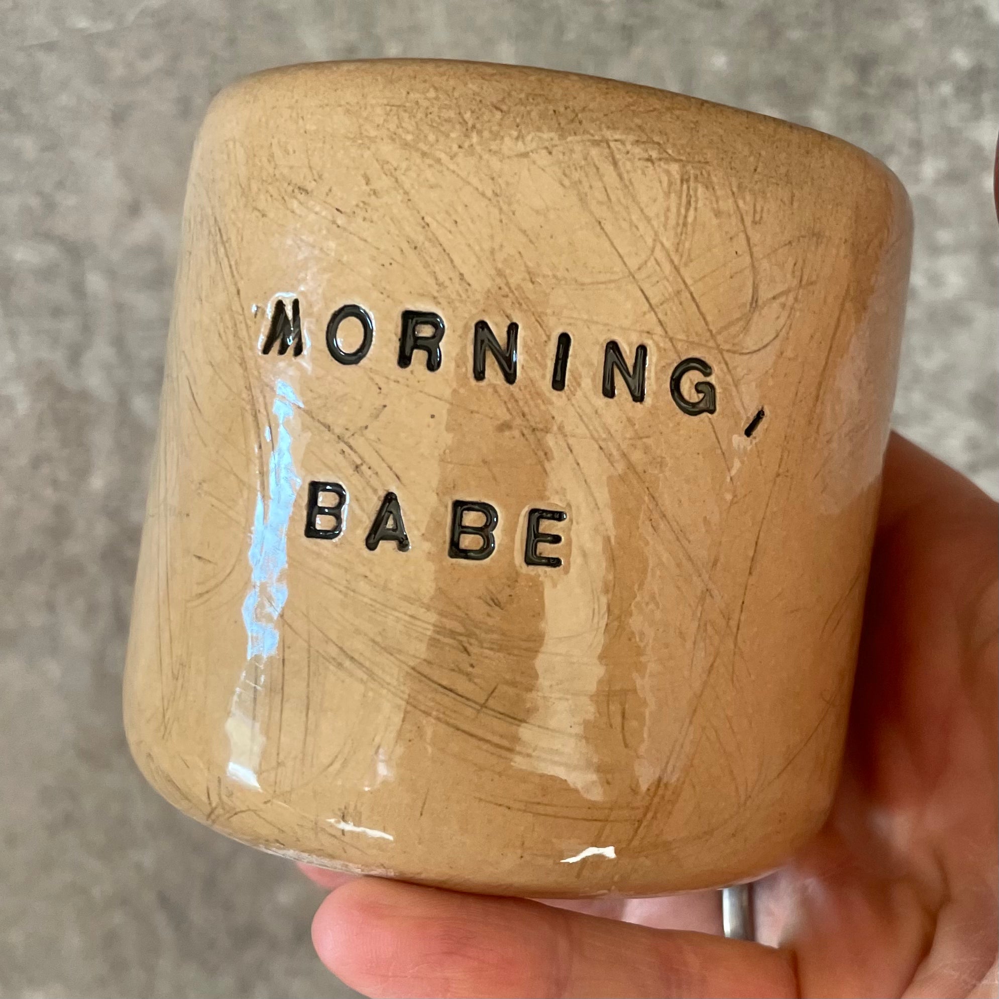 Caramel cozy tumbler mug MORNING, BABE