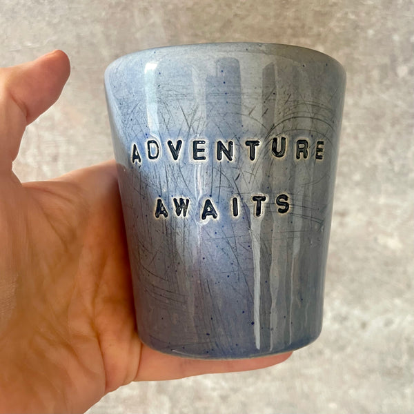 Blue tumbler mug ADVENTURE AWAITS