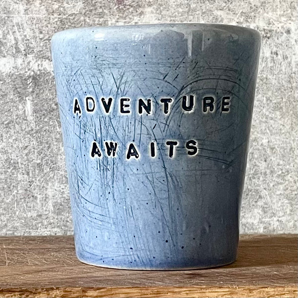 Blue tumbler mug ADVENTURE AWAITS