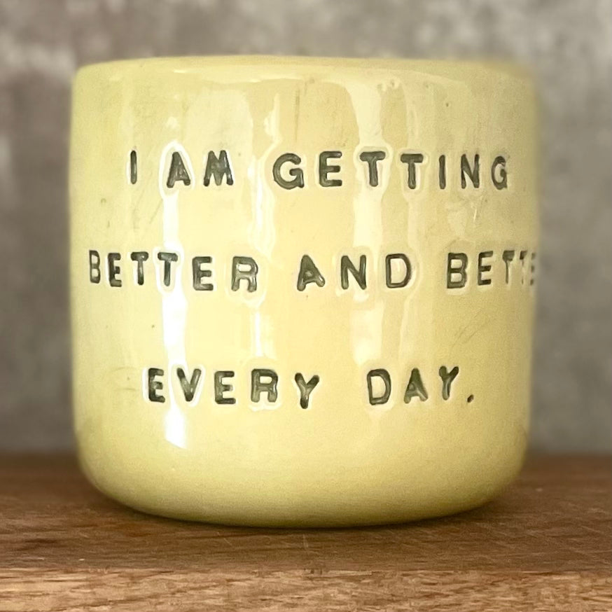 Yellow affirmation mug about healing and improving