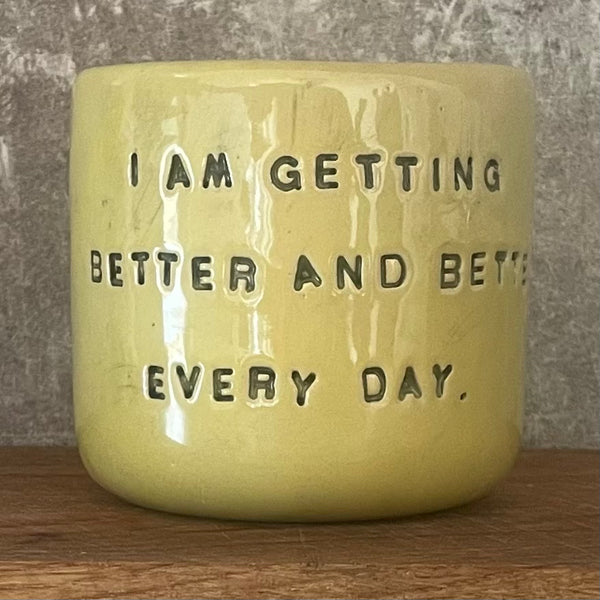 Yellow affirmation mug about healing and improving