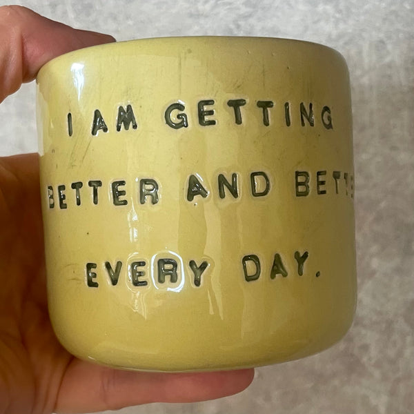 Yellow affirmation mug about healing and improving