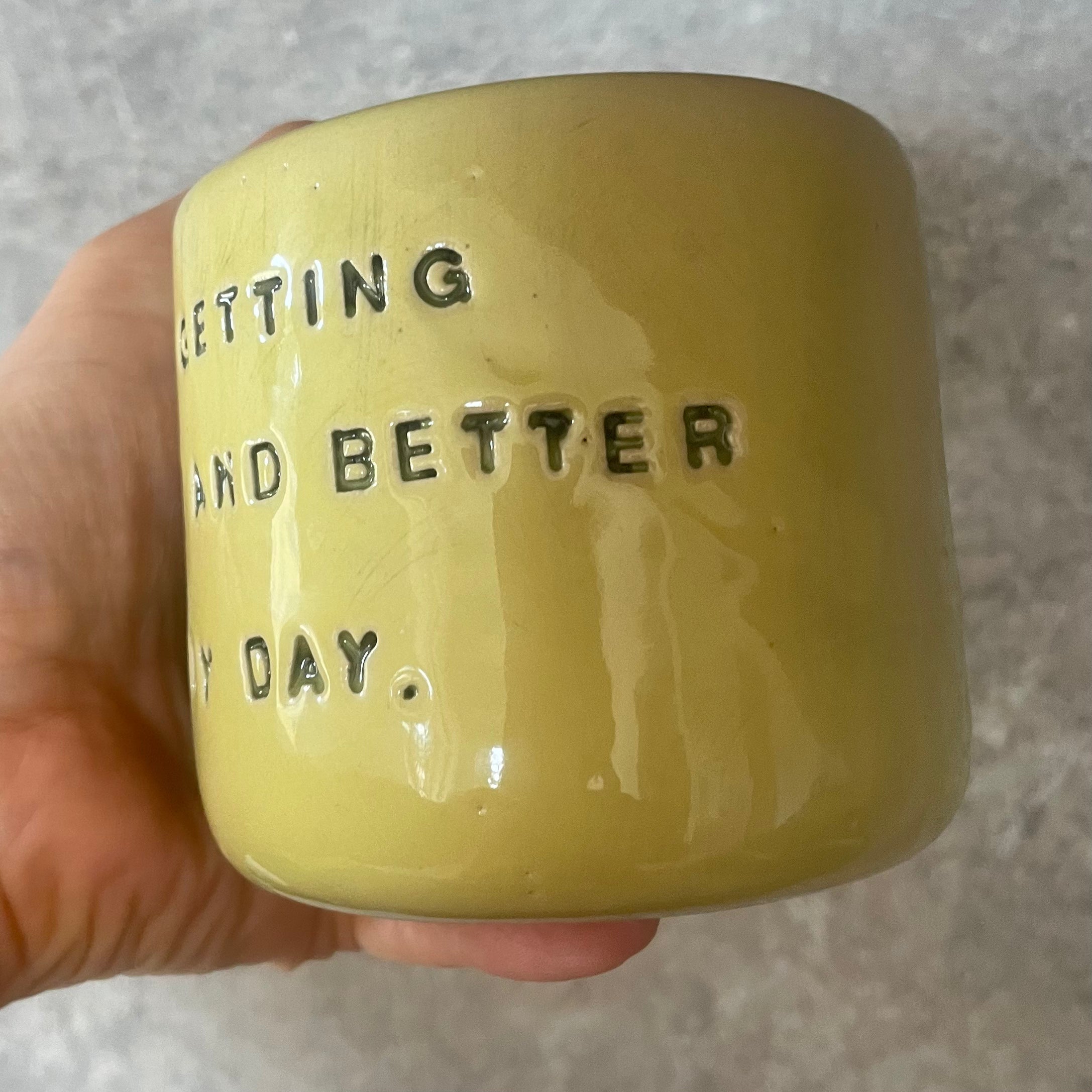 Yellow affirmation mug about healing and improving