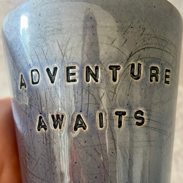 Blue tumbler mug ADVENTURE AWAITS