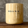 Yellow tumbler mug with word in Lithuanian POILSIS