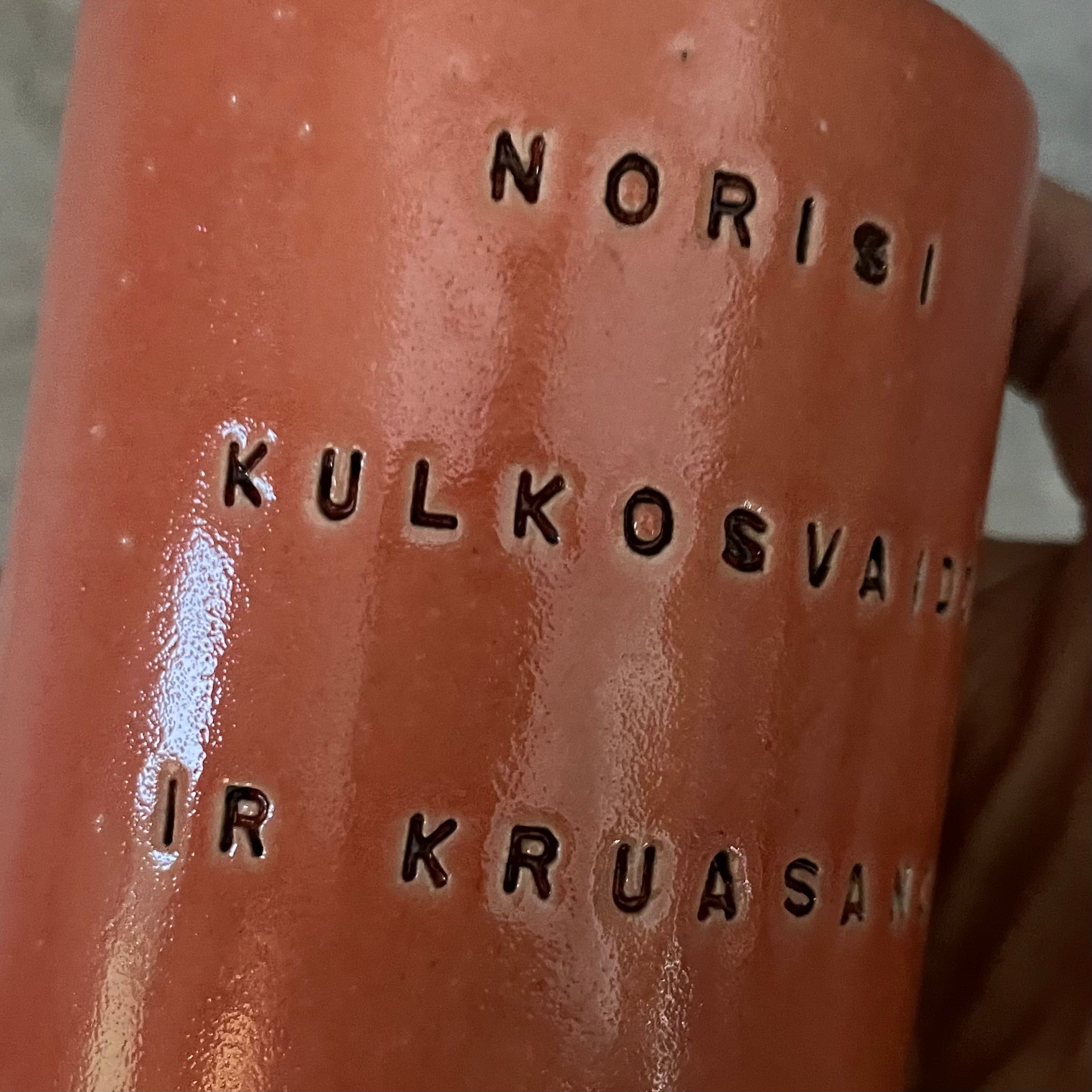 Red mug with funny phrase in Lithuanian