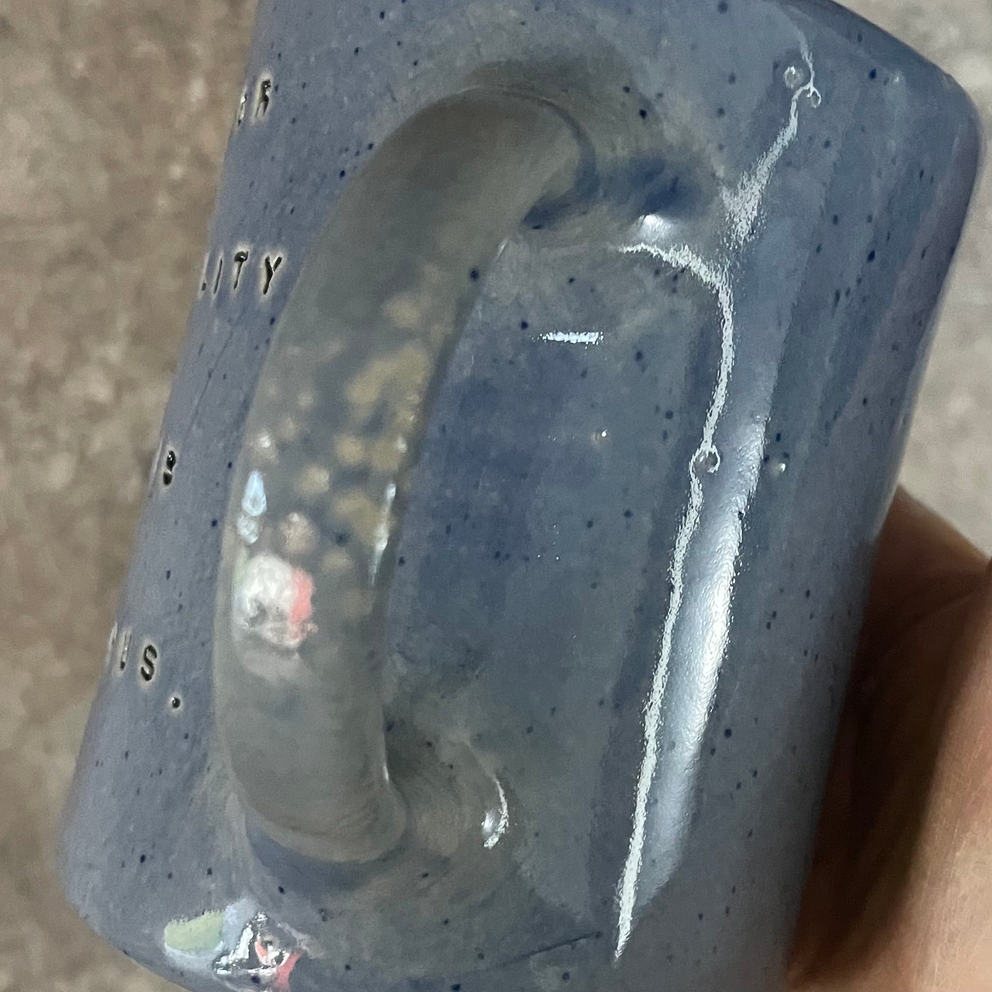 Handmade blue ceramic mug with funny text