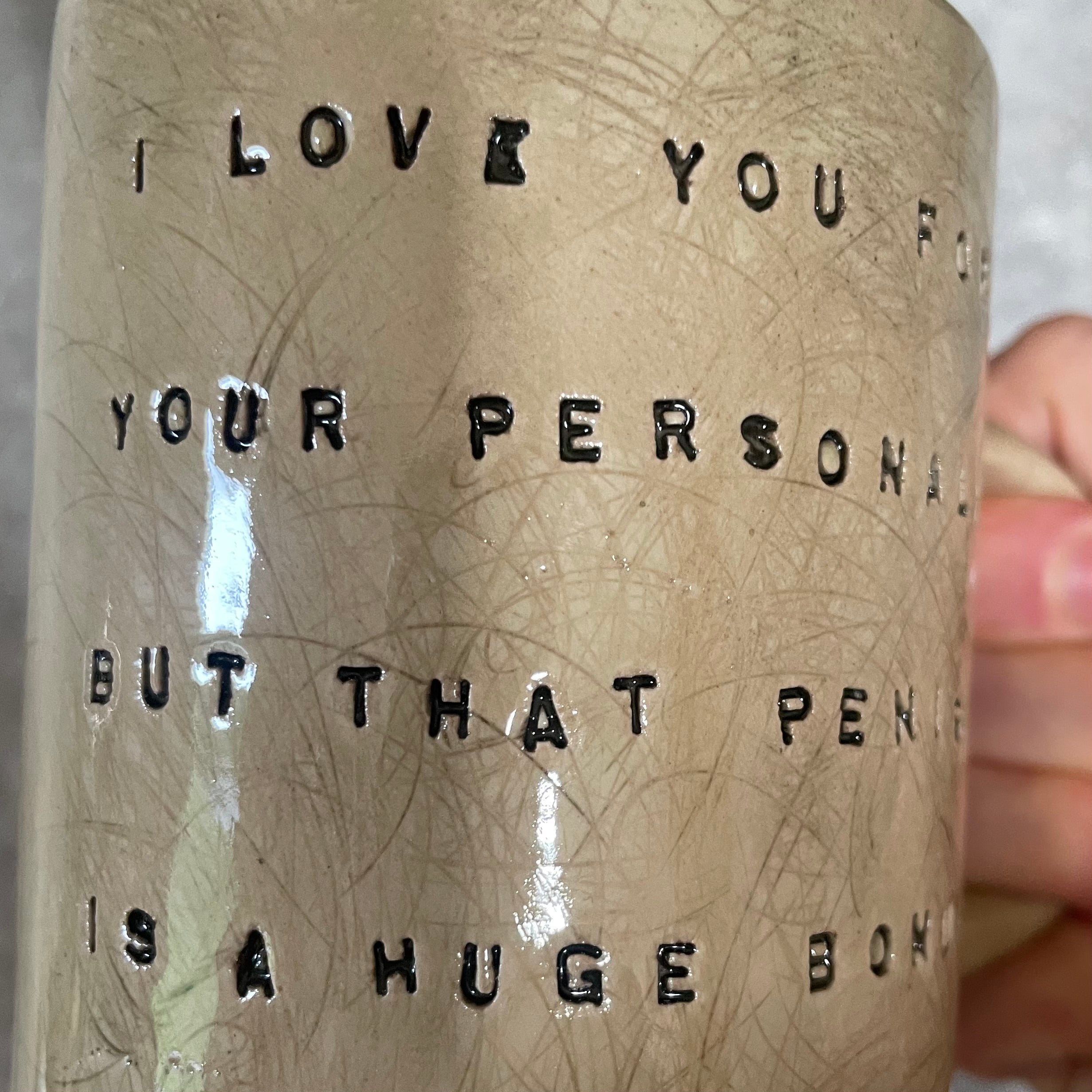 Brownish mug with funny saying