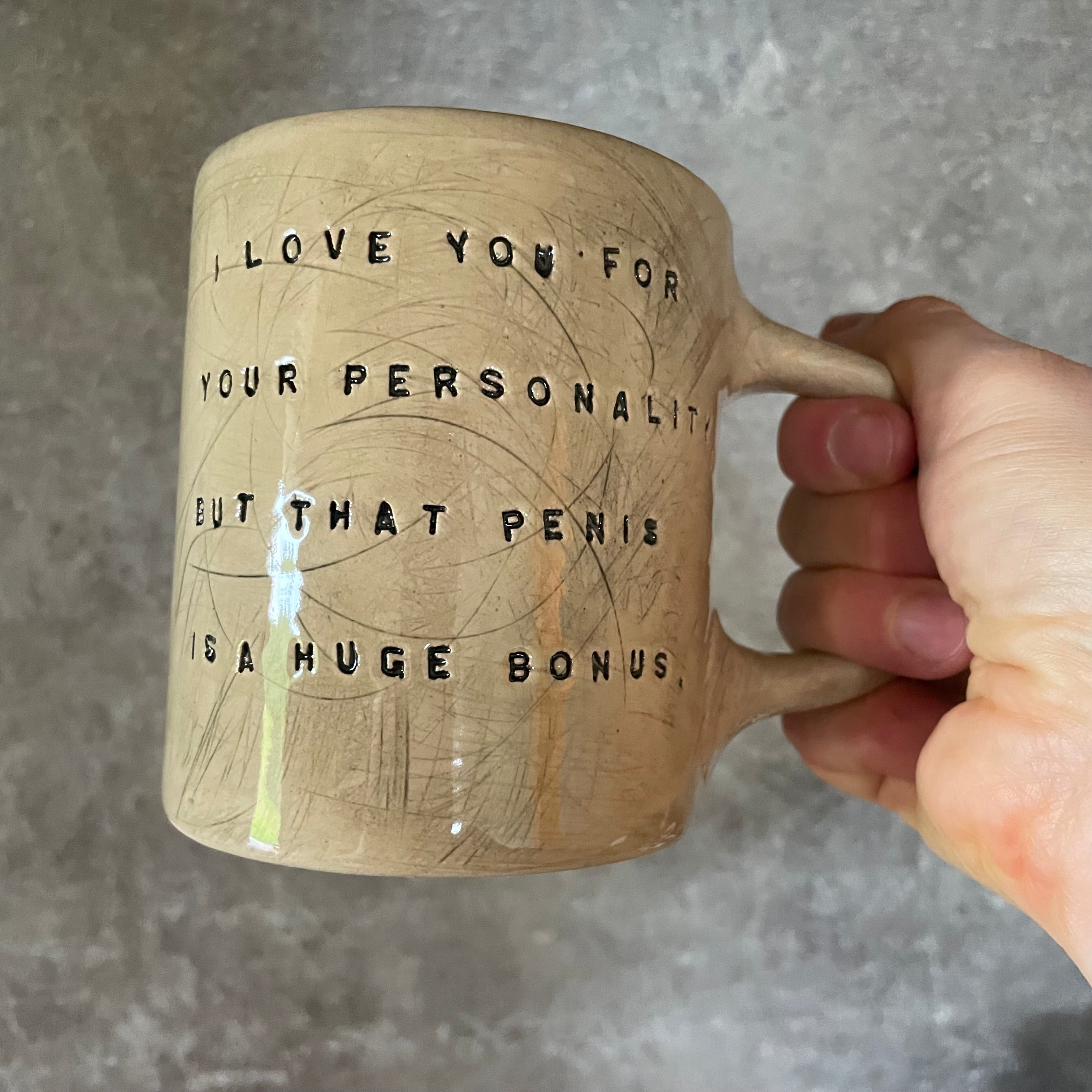 Brownish mug with funny saying