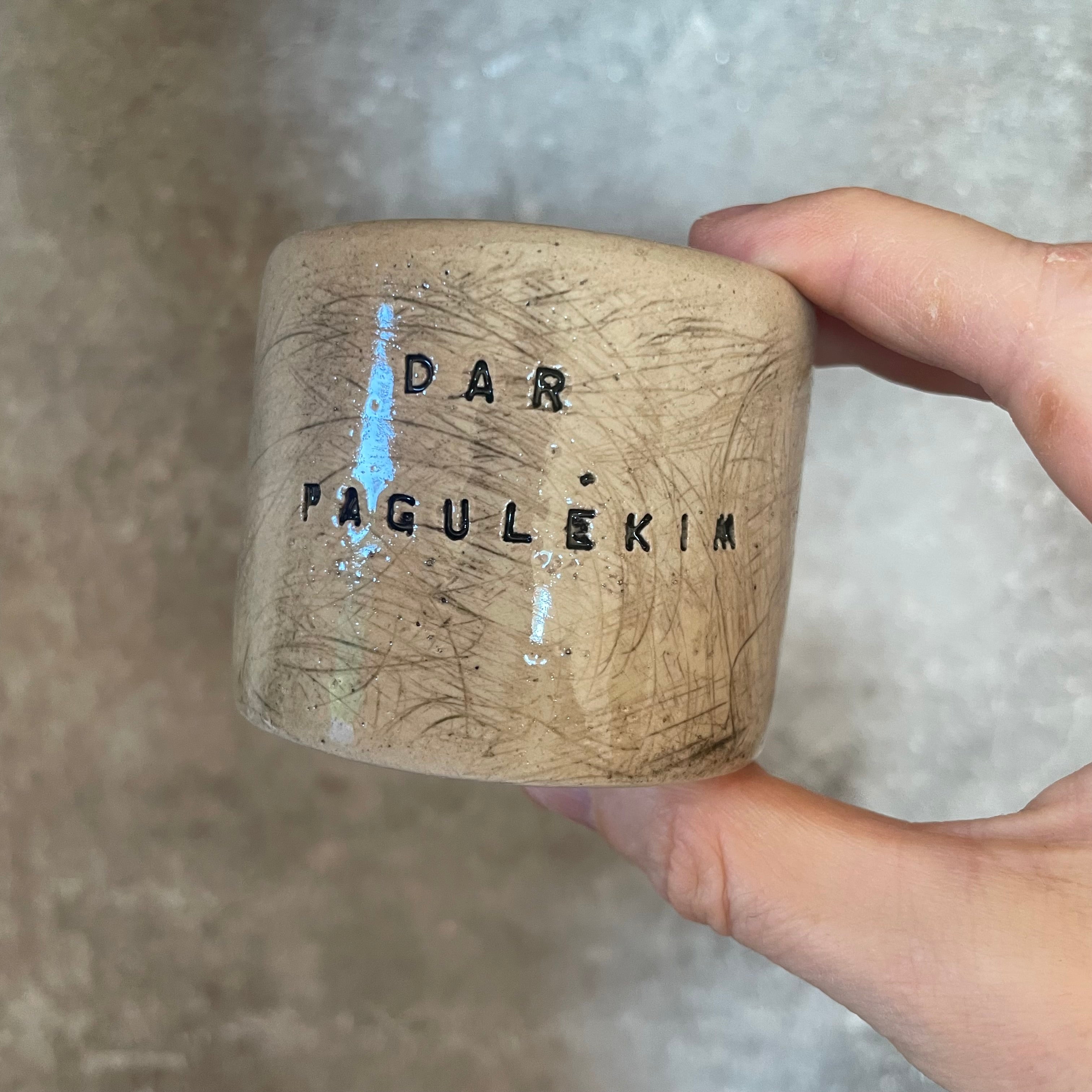 Set of two espresso mugs with words in Lithuanian