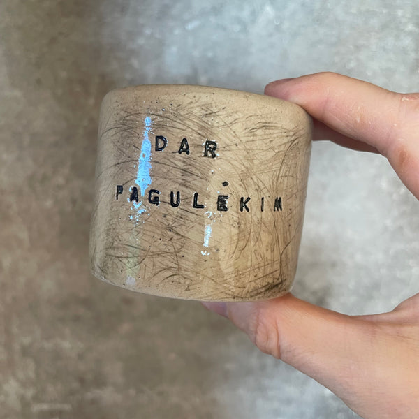 Set of two espresso mugs with words in Lithuanian