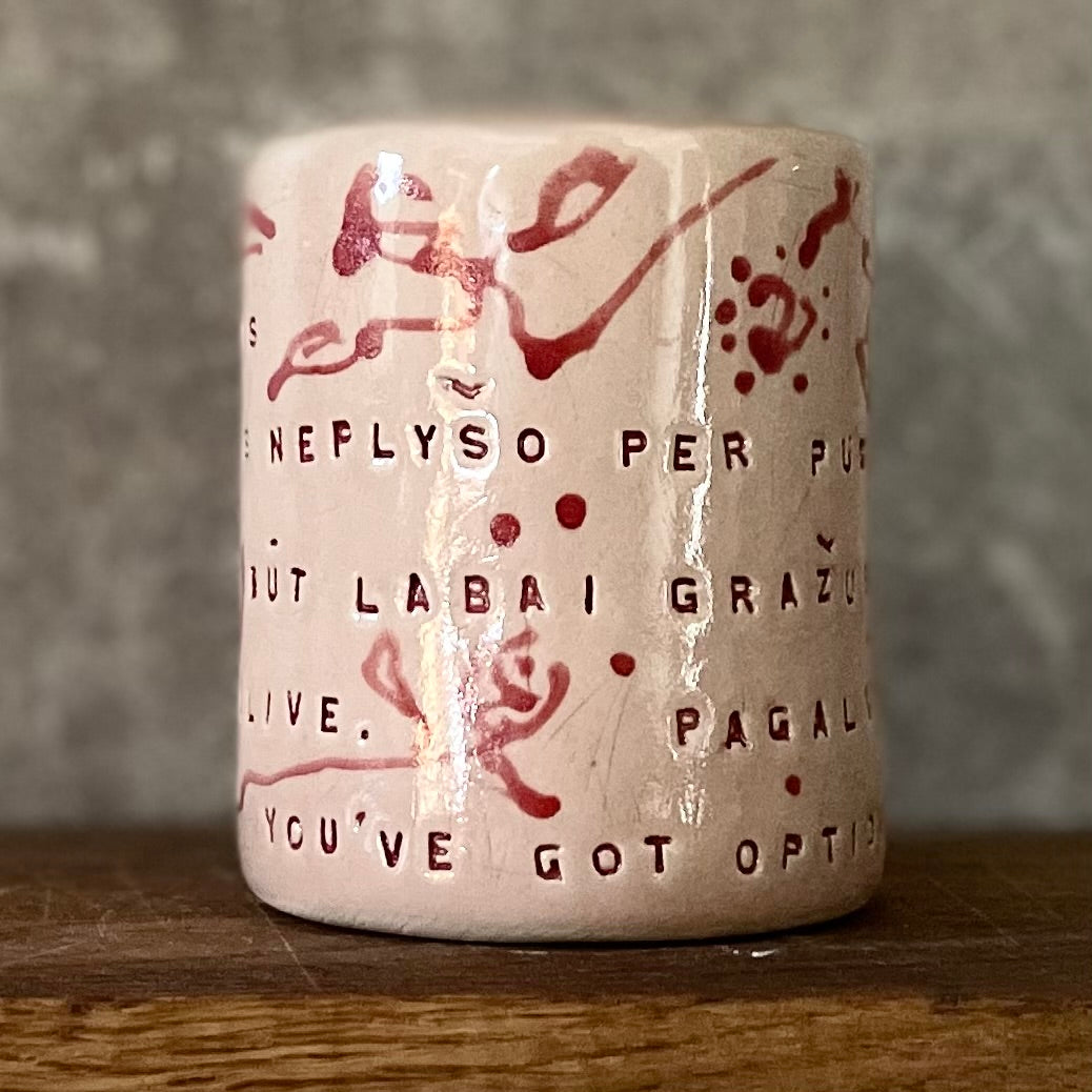 Rausvas gėlėtas puodelis su ilgu tekstu