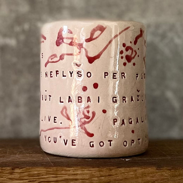 Rausvas gėlėtas puodelis su ilgu tekstu