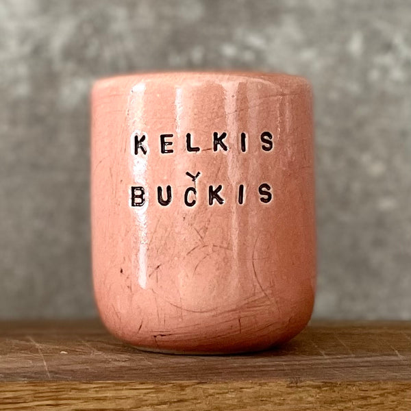 Raudonas puodelis "Kelkis, bučkis" 150 ml