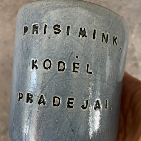 Mėlynas puodelis su užrašu PRISIMINK, KODĖL PRADĖJAI