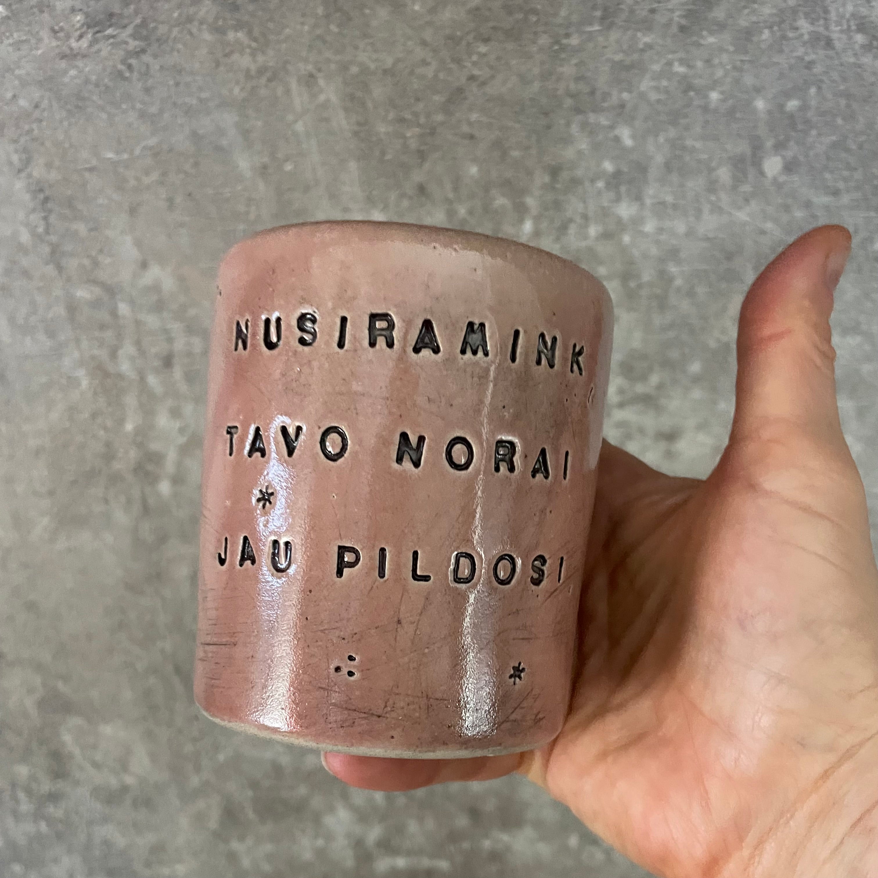 Pink mug with calming words without handle